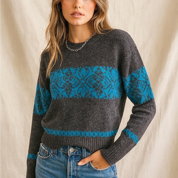 Vintage 80s Nordic Winter Print Grey Blue Crewneck Skii Grandma Grandpa Sweater - Picture 1 of 6